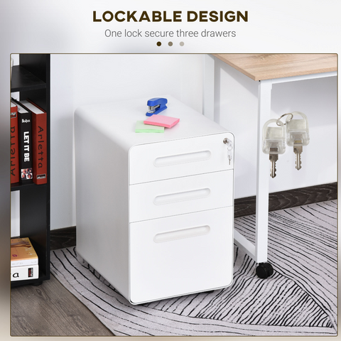 3 Draw Modern Steel Filing Cabinet w/ 4 Wheels Lock Pencil Box White Vinsetto