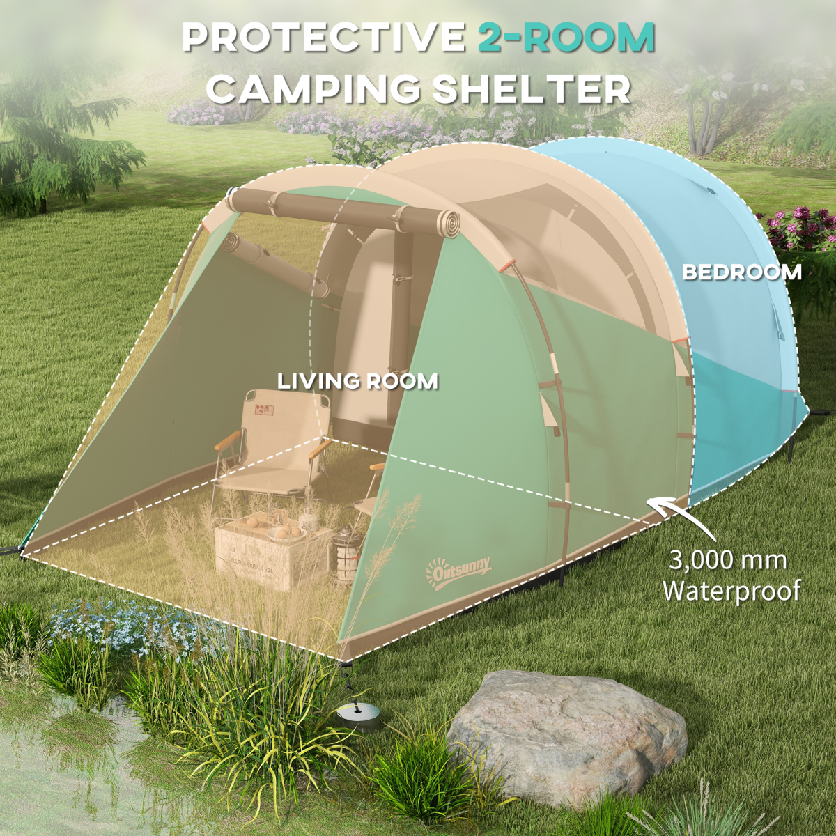 Outsunny 3000mm Waterproof Camping Tent with 2 Rooms for 4-5 Man, Green
