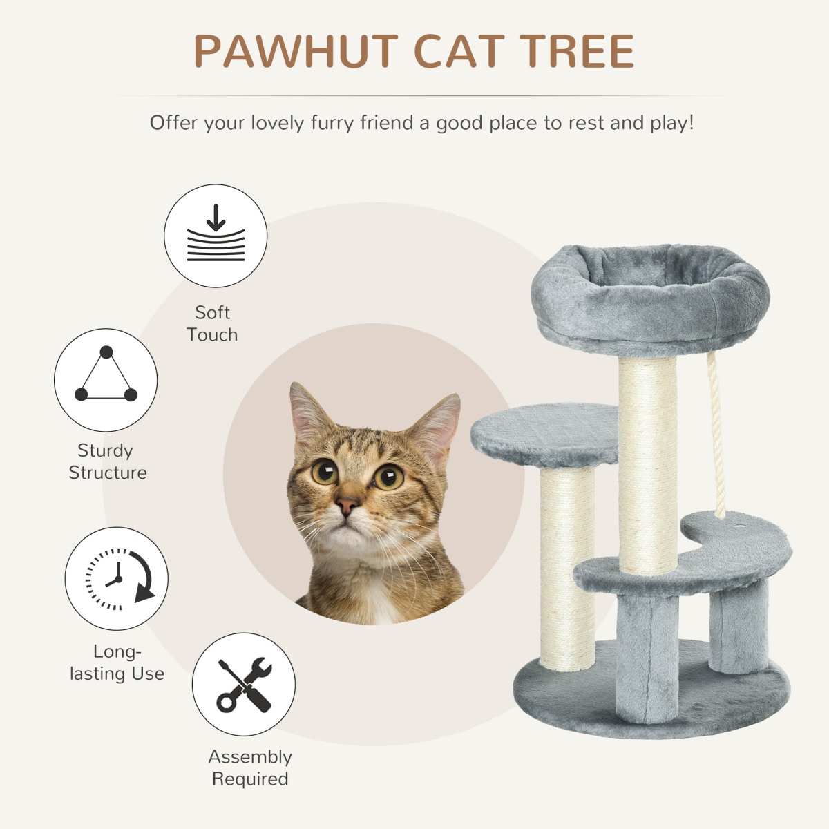 Cat Tree Scratcher Kitty Activity Play Center Post 2 Perch w/ Hanging Sisal Rope