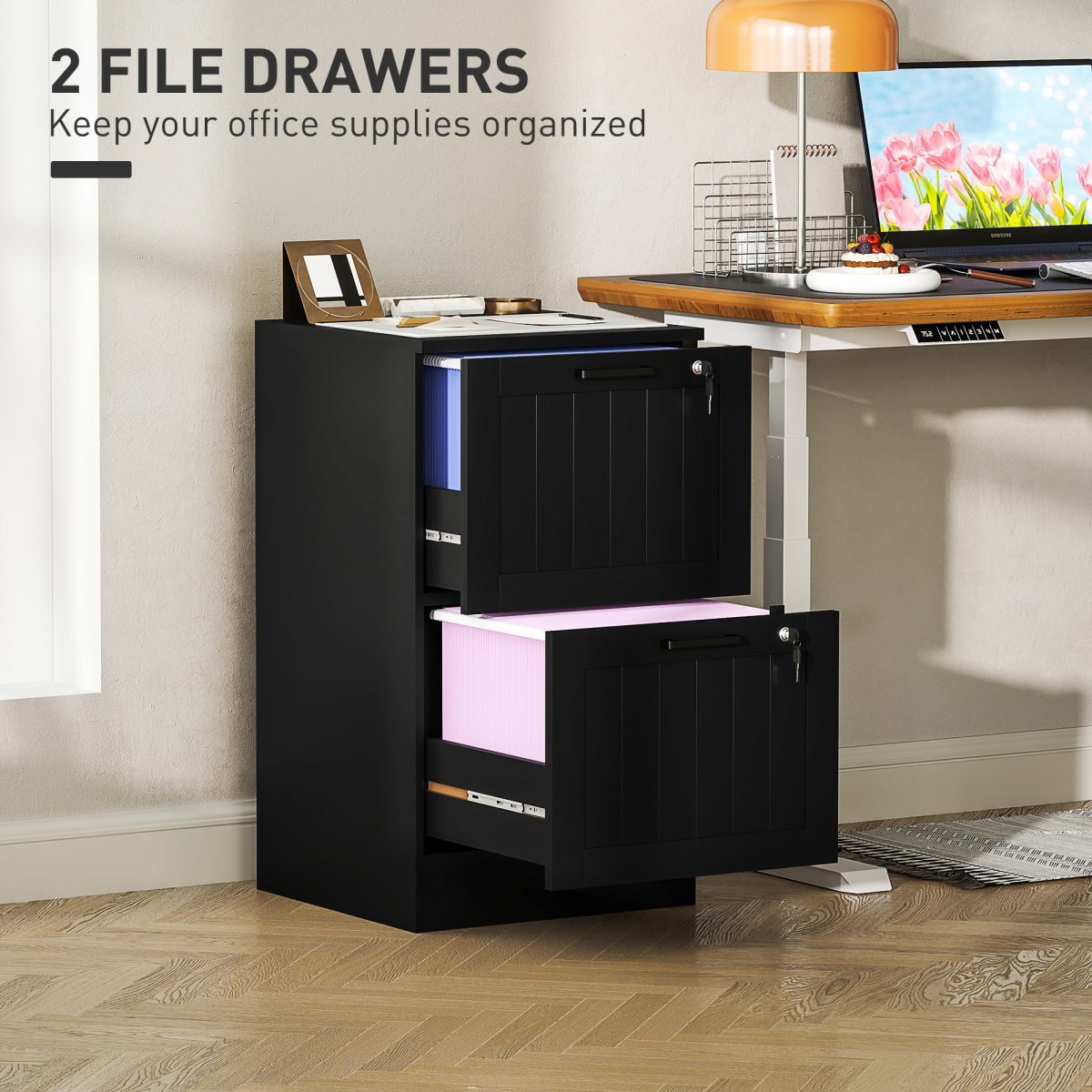 HOMCOM 2 Drawer File Cabinet with Lock and Adjustable Hanging Bars, Black