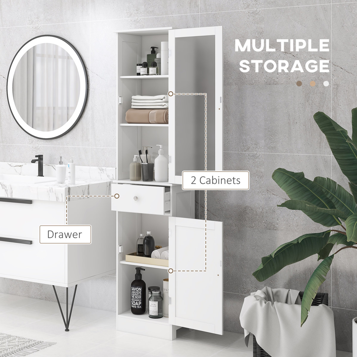 Bathroom Storage Cabinet with 3-tier Shelf Drawer Glass Door, Shelves, White