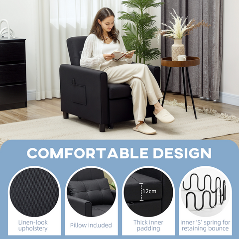 HOMCOM Folding Chair Bed, Sleeper Chair with Pillow, Side Pockets, Black