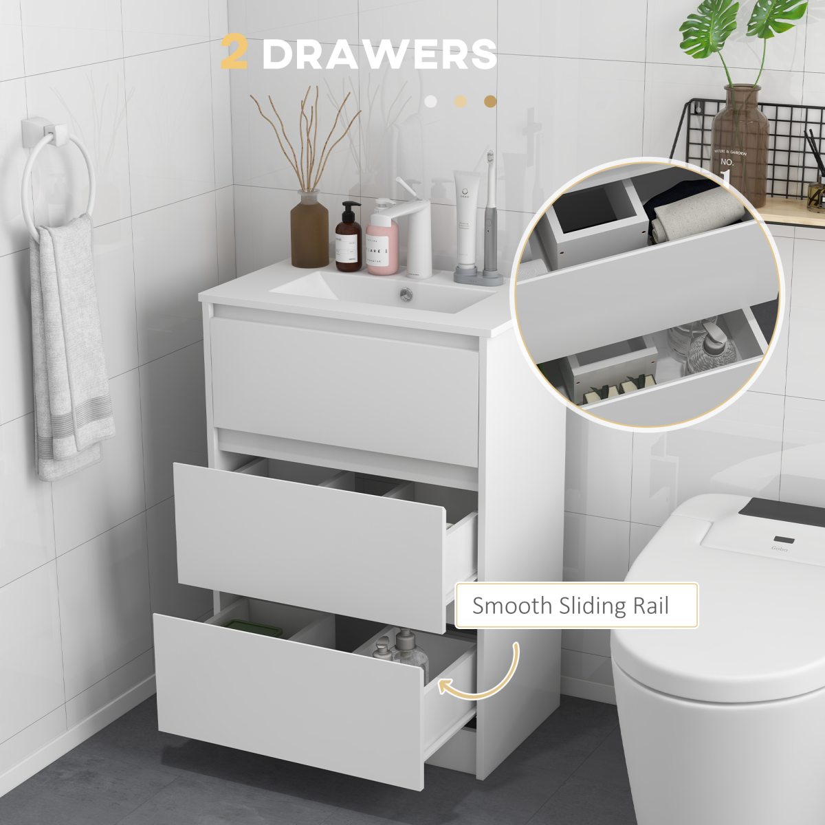 600mm Bathroom Vanity Unit w/ 1 Tap Hole Basin Drawers Gloss White