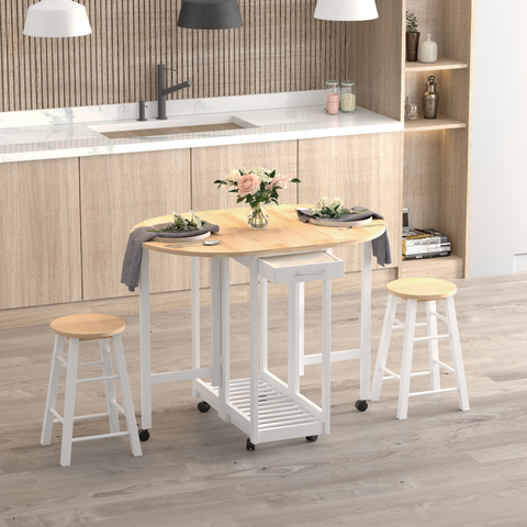3pc Wooden Kitchen Cart Mobile Rolling Trolley Folding Stools Wheels Drawers