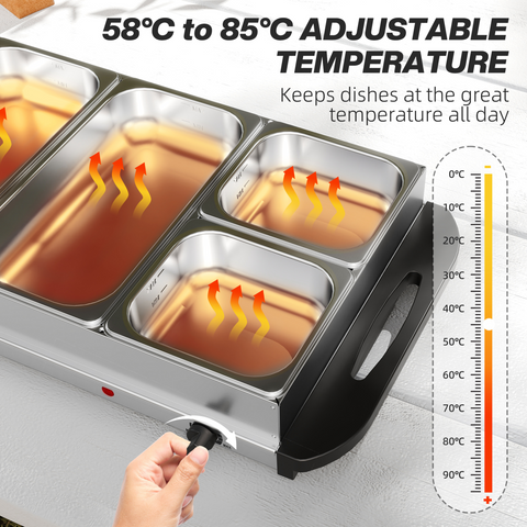 HOMCOM Electric Food Warmer 5 Tray, 9.2L Buffet Server with Lids, Silver