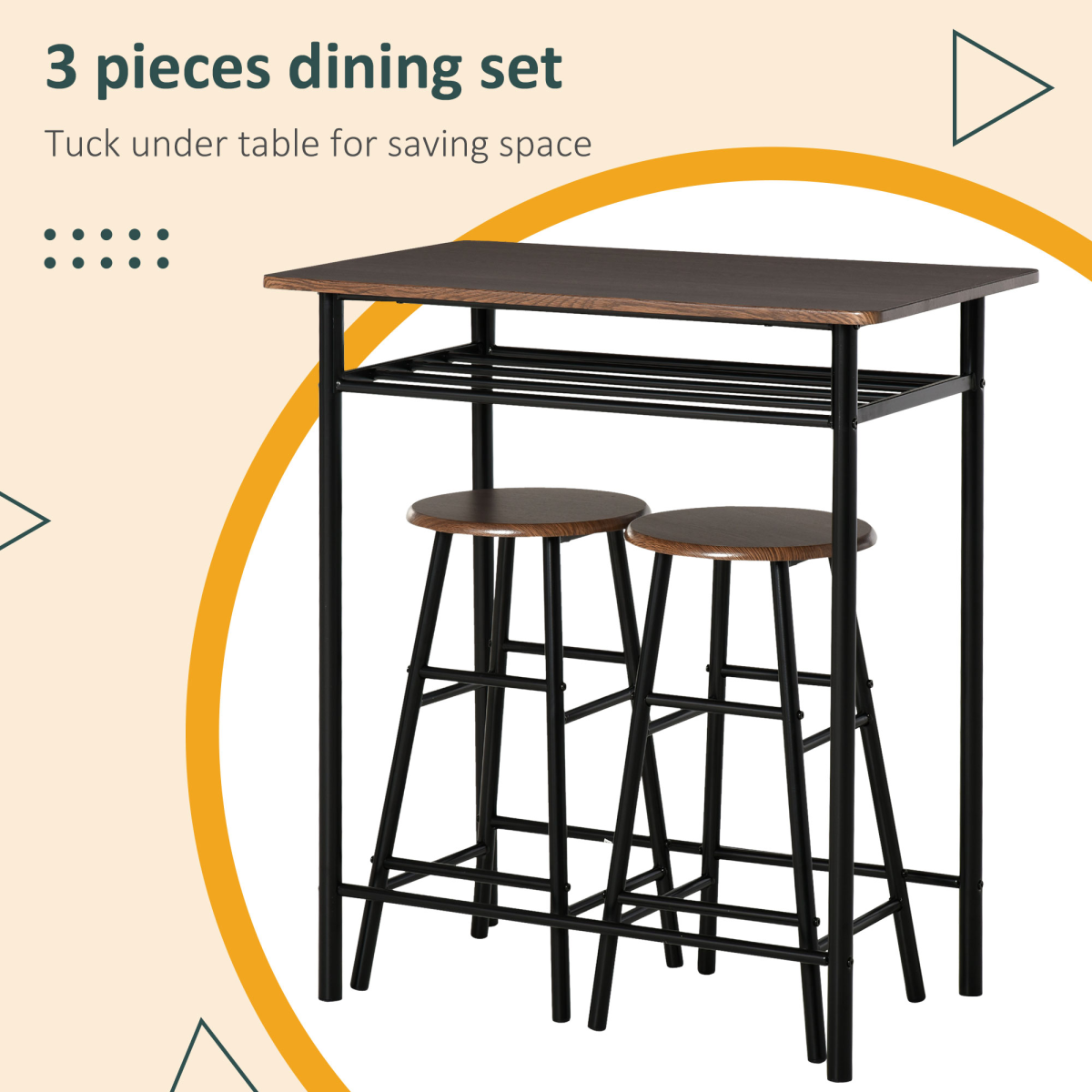 Bar Set includes 1 Bar Table and 2 Stools with Metal Frame Black and Oak