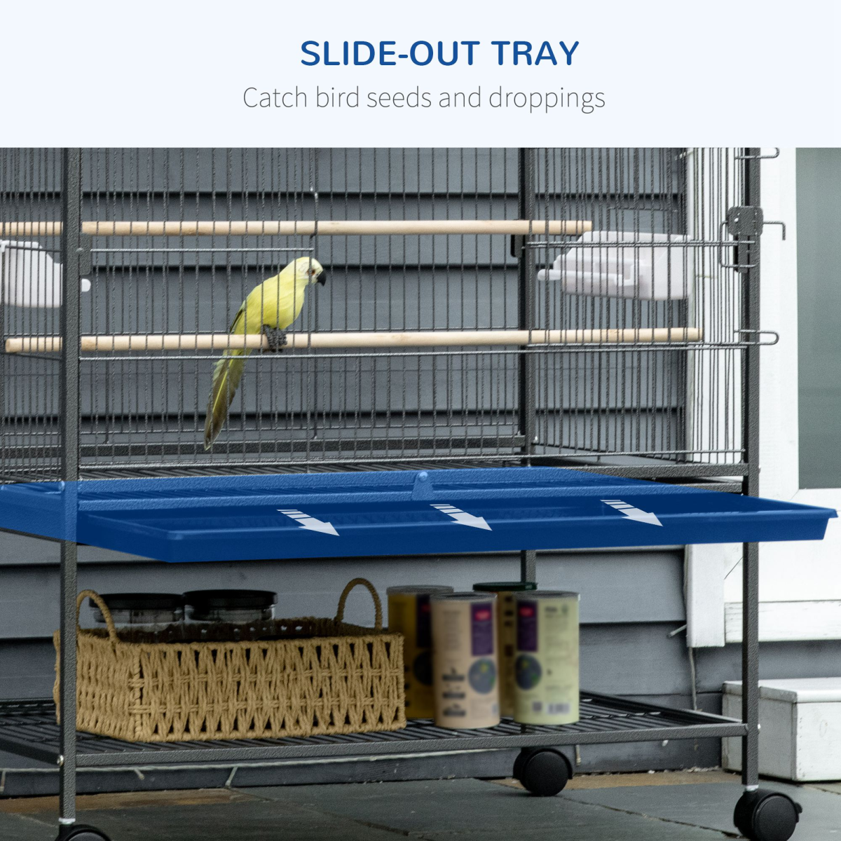 Bird Cage Aviary for Budgies Canaries w/ Rolling Stand Slide-Out Tray, Grey