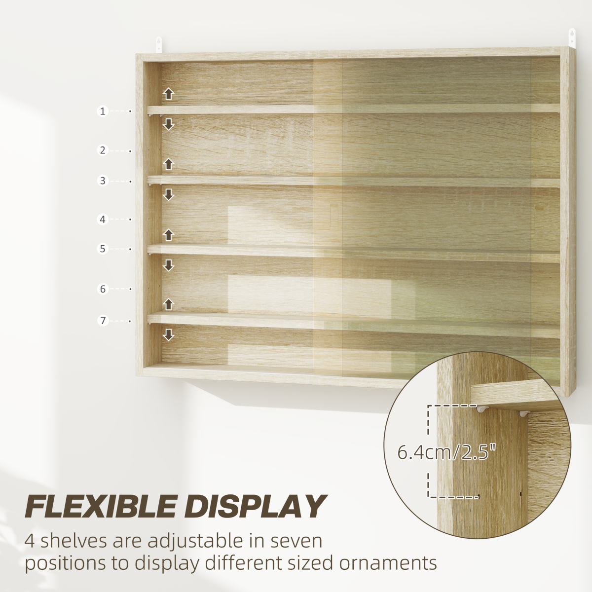 HOMCOM 5-Tier Wall Display Shelf Unit Cabinet w/ Shelves Glass Doors Oak
