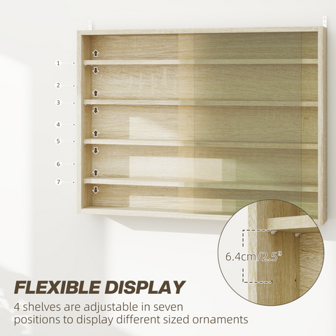 HOMCOM 5-Tier Wall Display Shelf Unit Cabinet w/ Shelves Glass Doors Oak