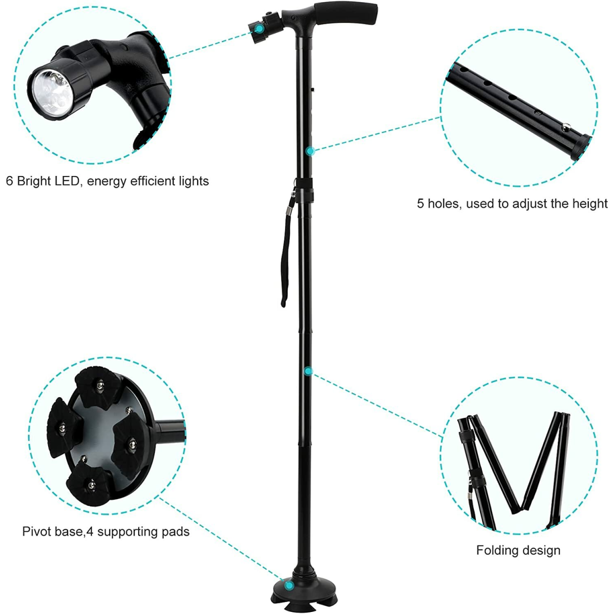 5-Levels Adjustable Height Walking Stick Portable Foldable Cane Travel Camping Hiking Walking Cane w/LED Light
