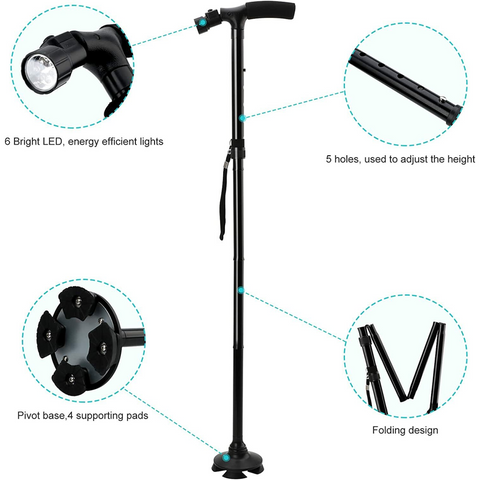 5-Levels Adjustable Height Walking Stick Portable Foldable Cane Travel Camping Hiking Walking Cane w/LED Light