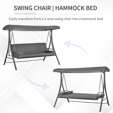 2-in-1 Swing Chair  3 Seater Bench Hammock Bed Adjustable Canopy Pillow, Grey