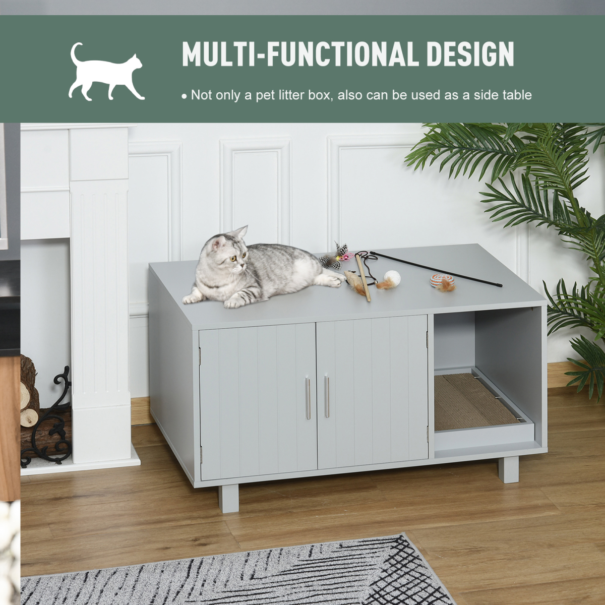 Indoor Feline Cat Box Furniture Kitty Table w/ Scratch & Magnetic Doors, Grey