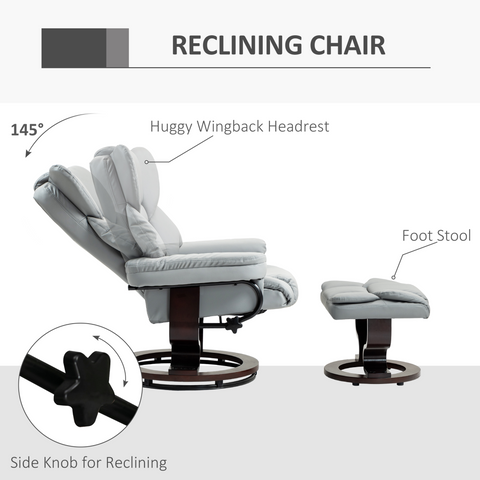 HOMCOM PU Leather Manual Reclining Armchair Footstool Padded Seat Light Grey