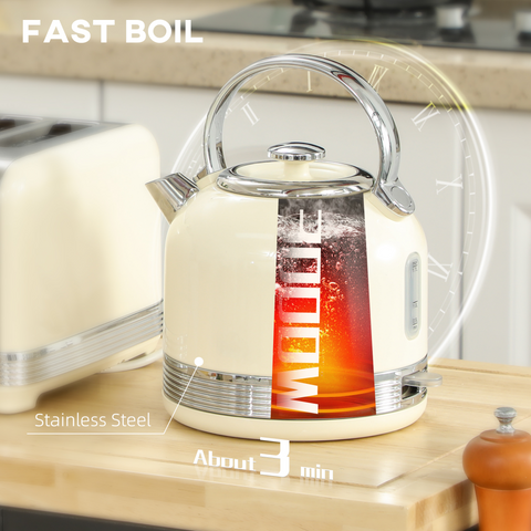HOMCOM 1.7L 3000W Fast Boil Electric Kettle and 4 Slice Toaster Set, Cream