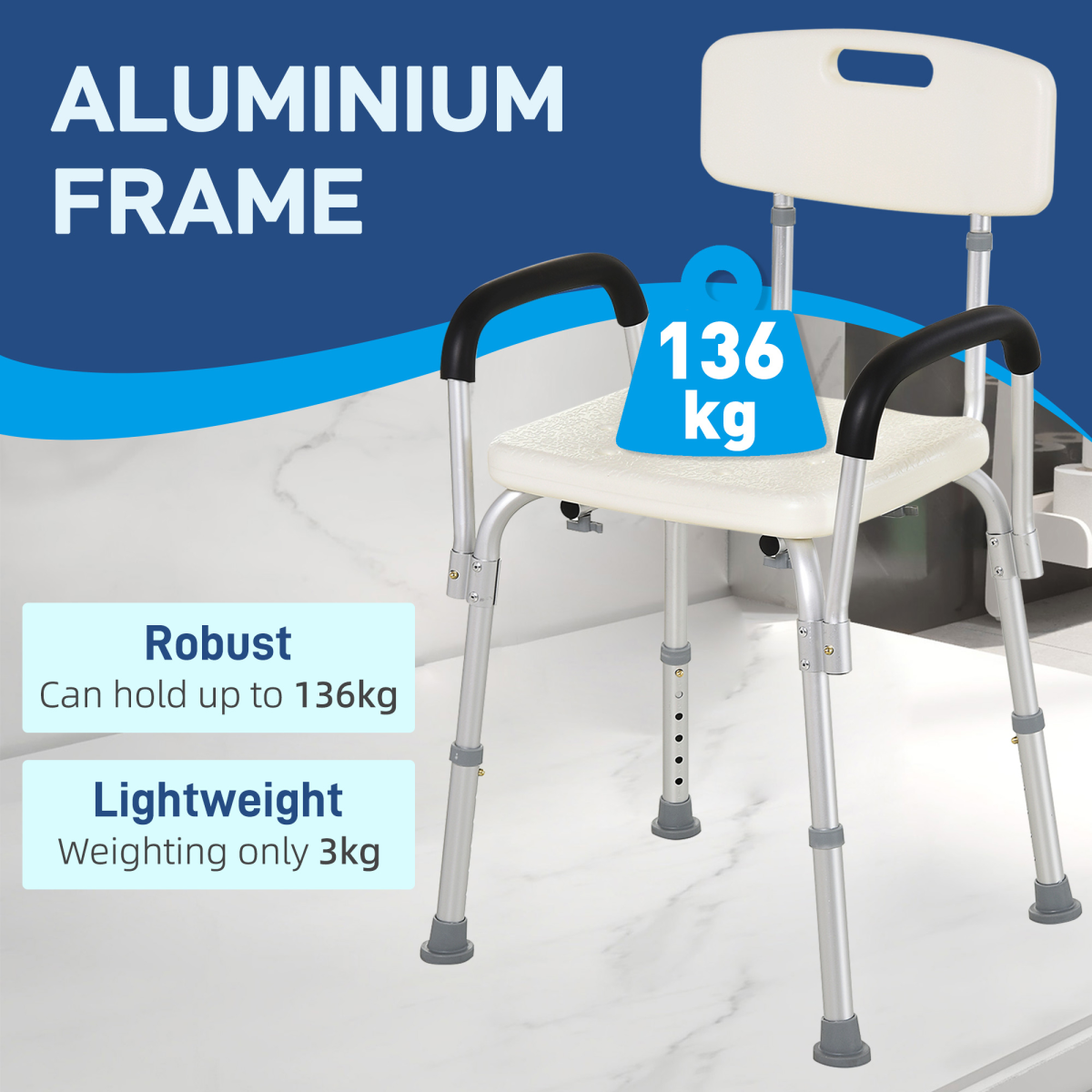 Light Weight Aluminum Shower Bench Portable Lift Chair Back & Armrest HOMCOM
