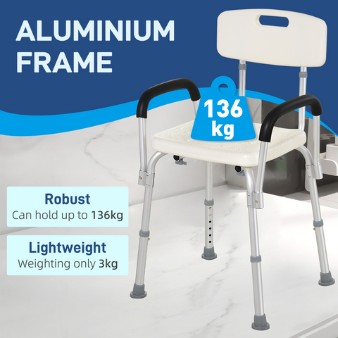 Light Weight Aluminum Shower Bench Portable Lift Chair Back & Armrest HOMCOM