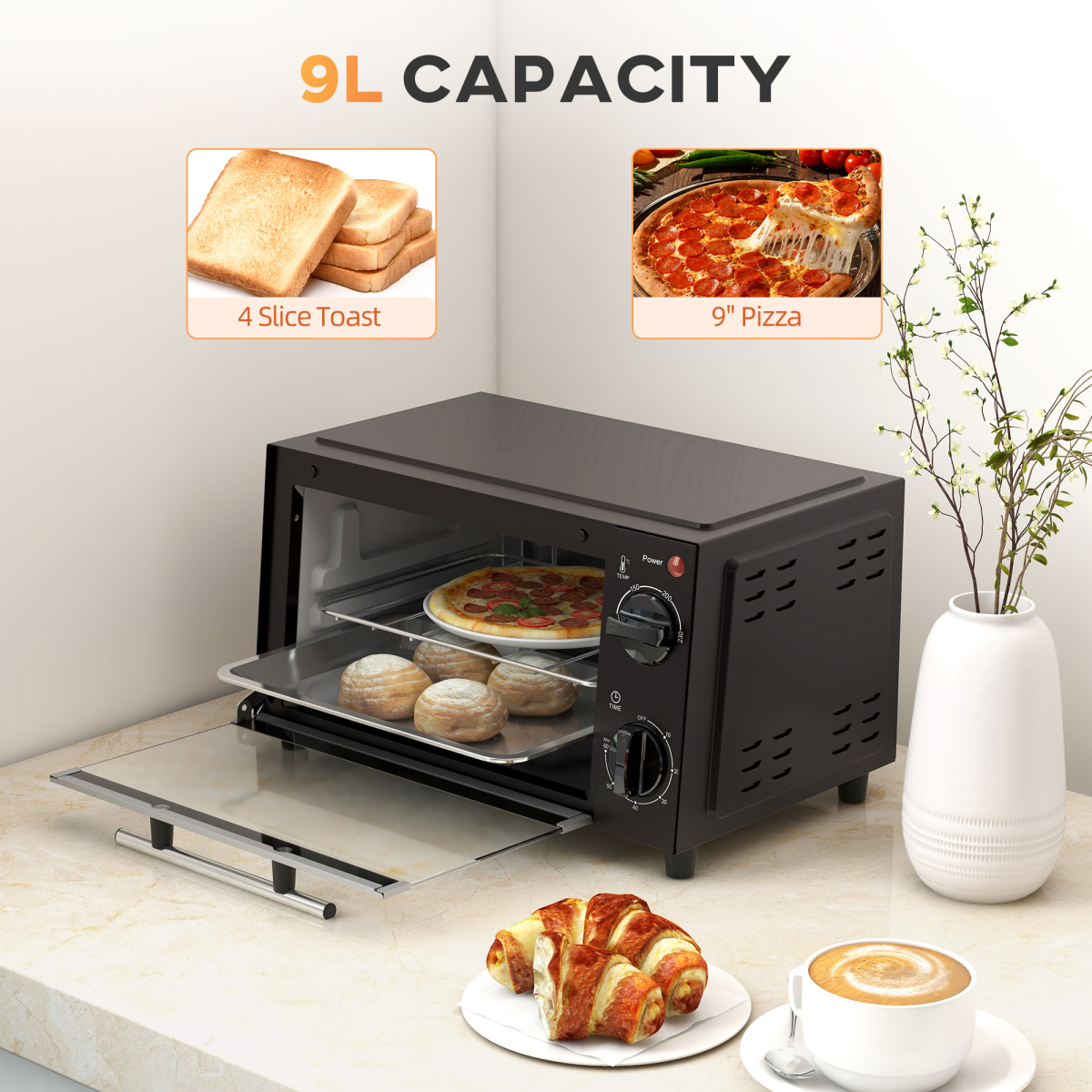 Mini Oven, 9L Countertop Electric Grill, Toaster Oven  750W