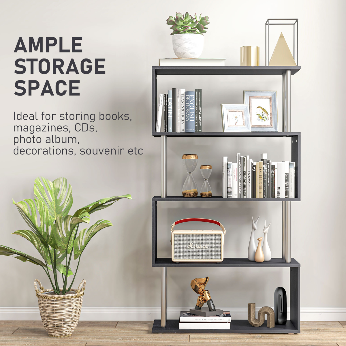 Wooden S Shape Storage Unit Bookshelf Lounge Display Room Divider-Black