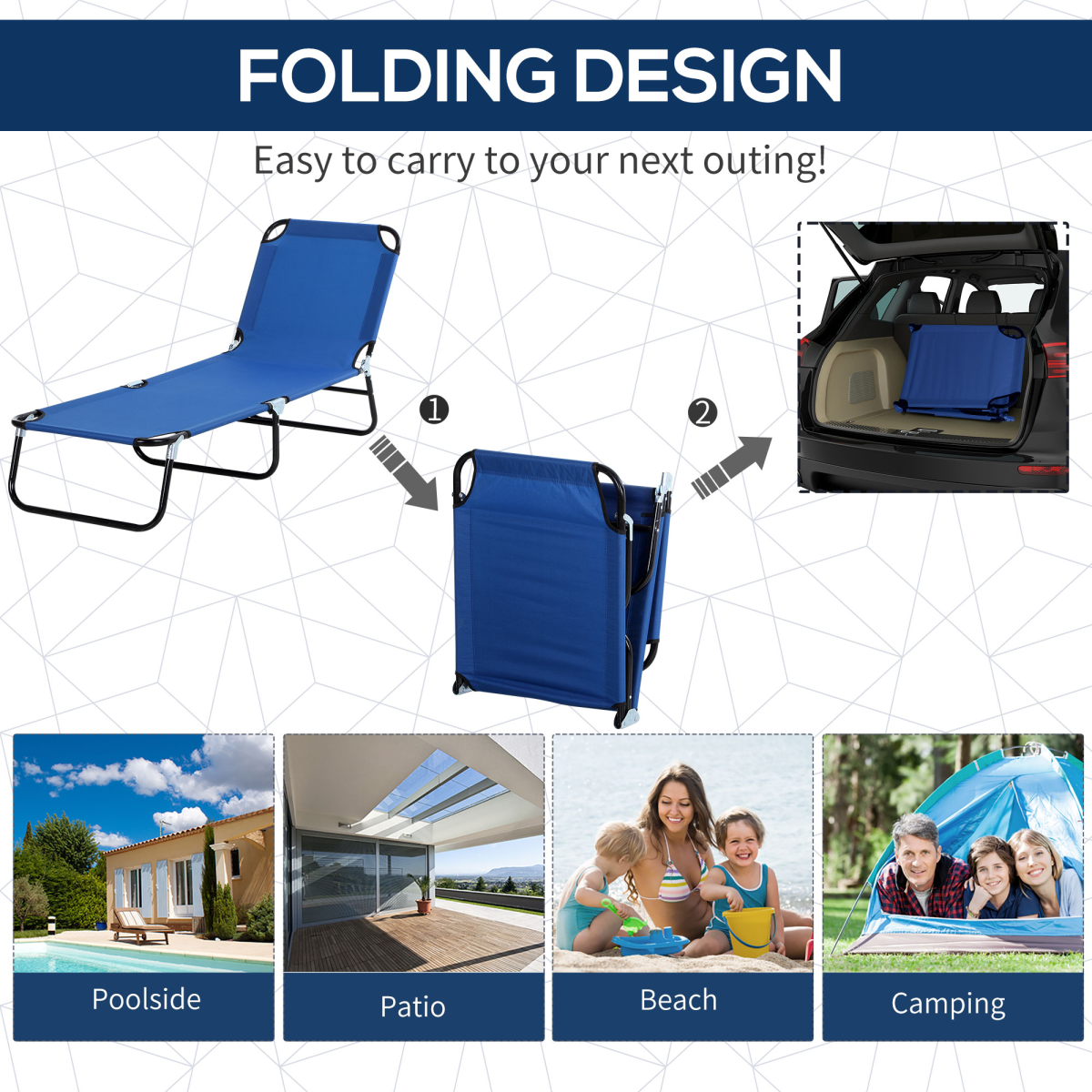 Reclining Chair Folding Lounger Seat & Sun Shade Awning Beach, Blue