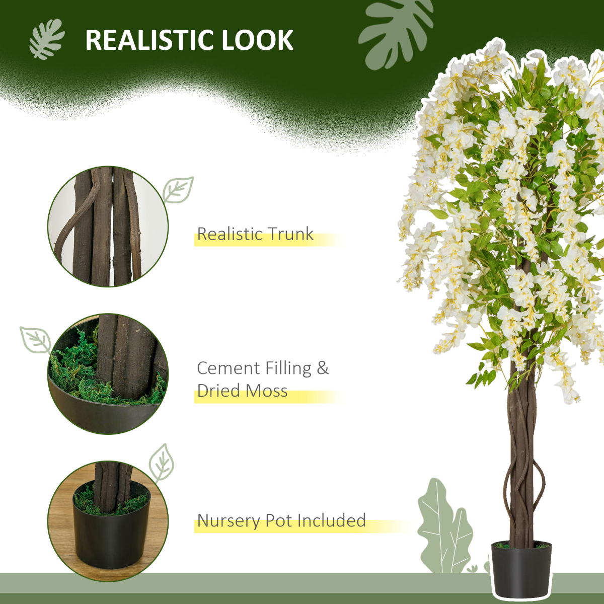 Artificial Realistic White Wisteria Tree Faux Decorative Plant, 160cm HOMCOM