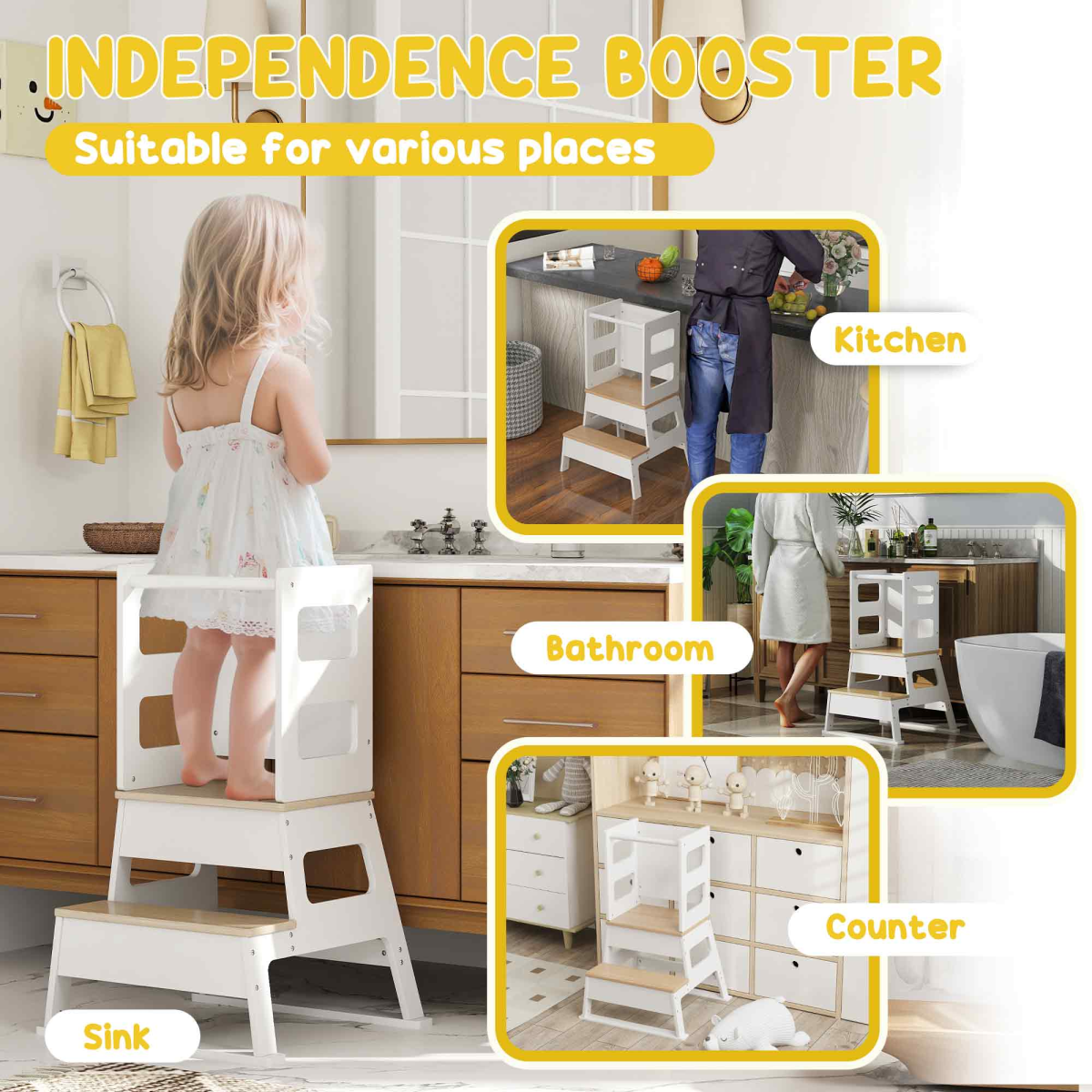 AIYAPLAY 2 in 1 Toddler Tower w/ Chalkboard, Safety Rail, for Kitchen, Sink