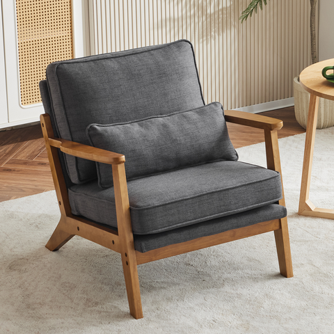Mid-Century Oak Accent Chair - Linen-Cotton Dark Gray Upholstered Single Lounge Chair, Indoor Armchair with Sturdy Wood Frame (330LBS Weight Capacity)