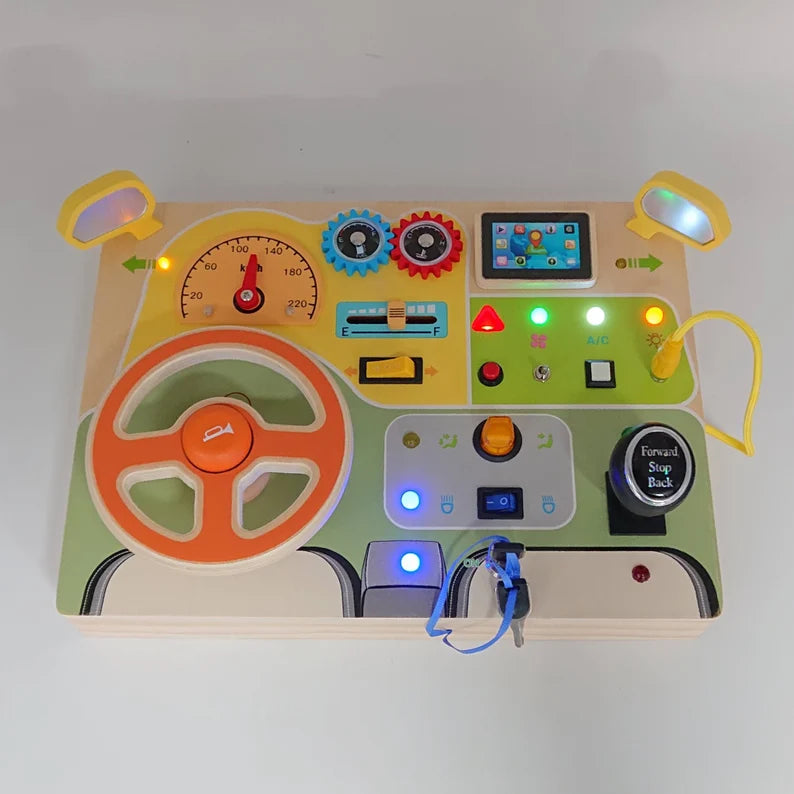 Natural Wood Car Driving Steering Wheel Montessori Busy Board with LED Lights, Engine Sounds, and Key Turn, Sensory Toy for Motor Skill Cognition Game