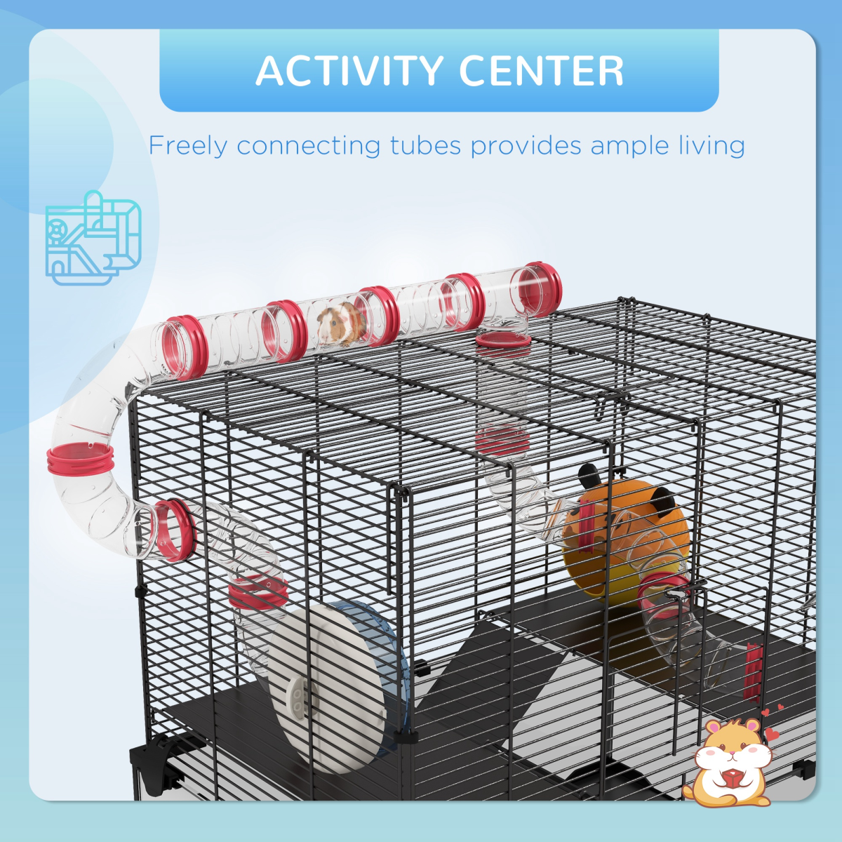 PawHut Hamster Cage w/ Tubes, Ramps, Platforms, Hut, 60 x 40 x 57cm
