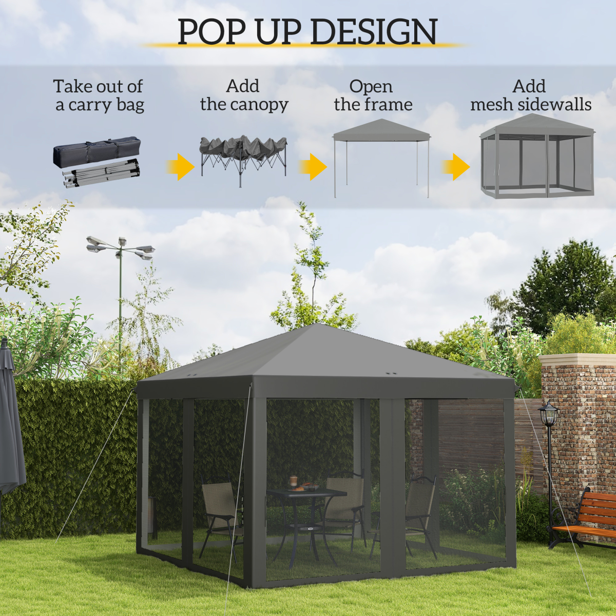 Heavy Duty Pop Up Gazebo with Removable Mesh Sidewall Netting Gray