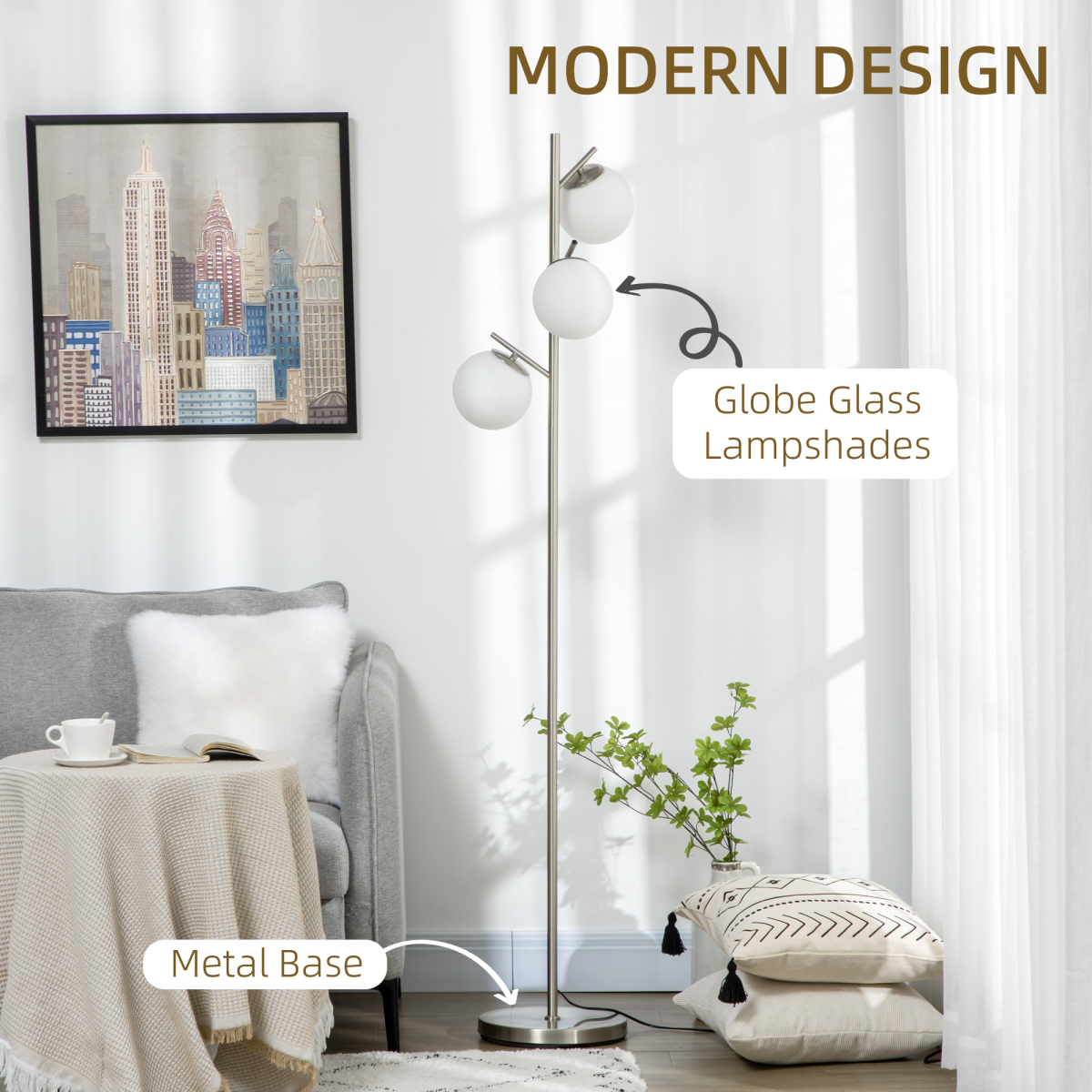 Modern Floor Lamp for Living Room Bedroom, 3 Light Tree Standing Lamp, Silver