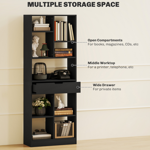 HOMCOM Freestanding Bookcase Display Shelf with Drawer for Home Office