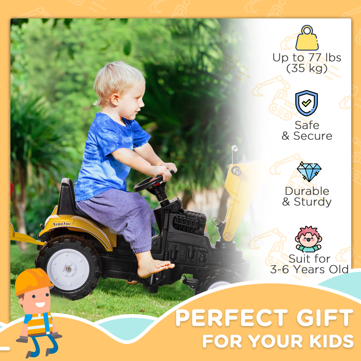 Ride-on Toy Pedal Digger Construction Car with Horn Detachable Trailer HOMCOM