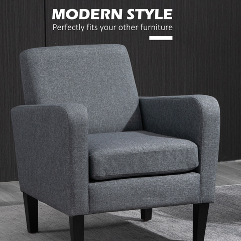 Linen Modern-Curved Armchair Accent Seat w/ Thick Cushion Wood Legs Grey