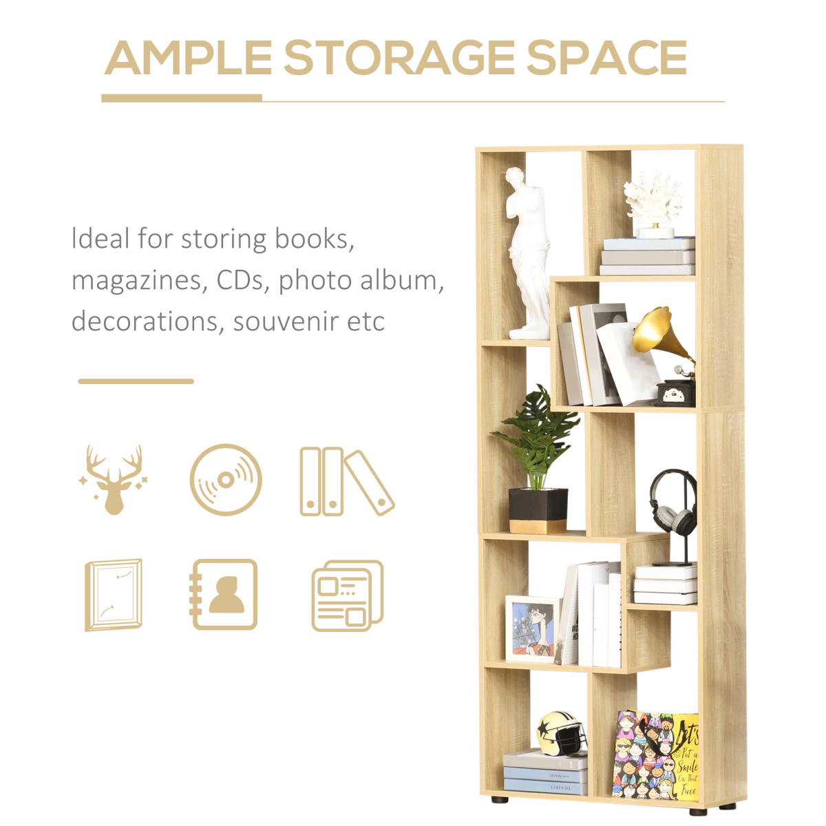 178cm 8-Shelf Bookcase w/ Melamine Surface Oak Tone Multipurpose 8-Grid