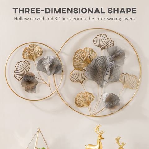 Minimalist Metal Wall Art Ginkgo Leaves Hanging Wall Sculpture, Gold