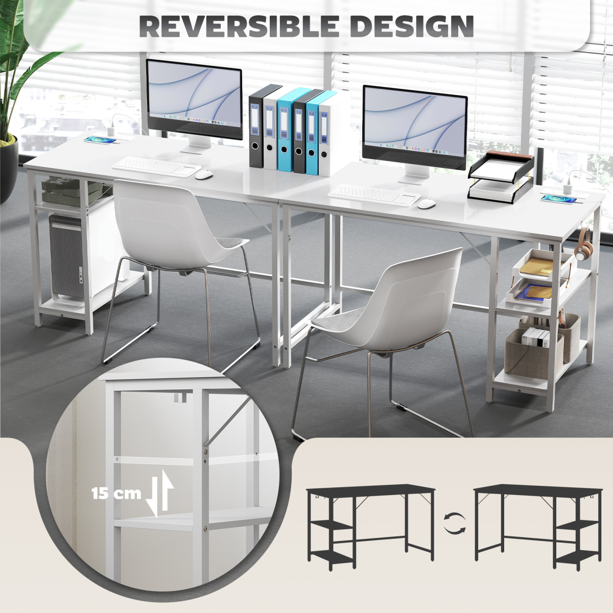 HOMCOM 120 x 60 cm Home Office Desk Reversible Study Table for Bedroom White