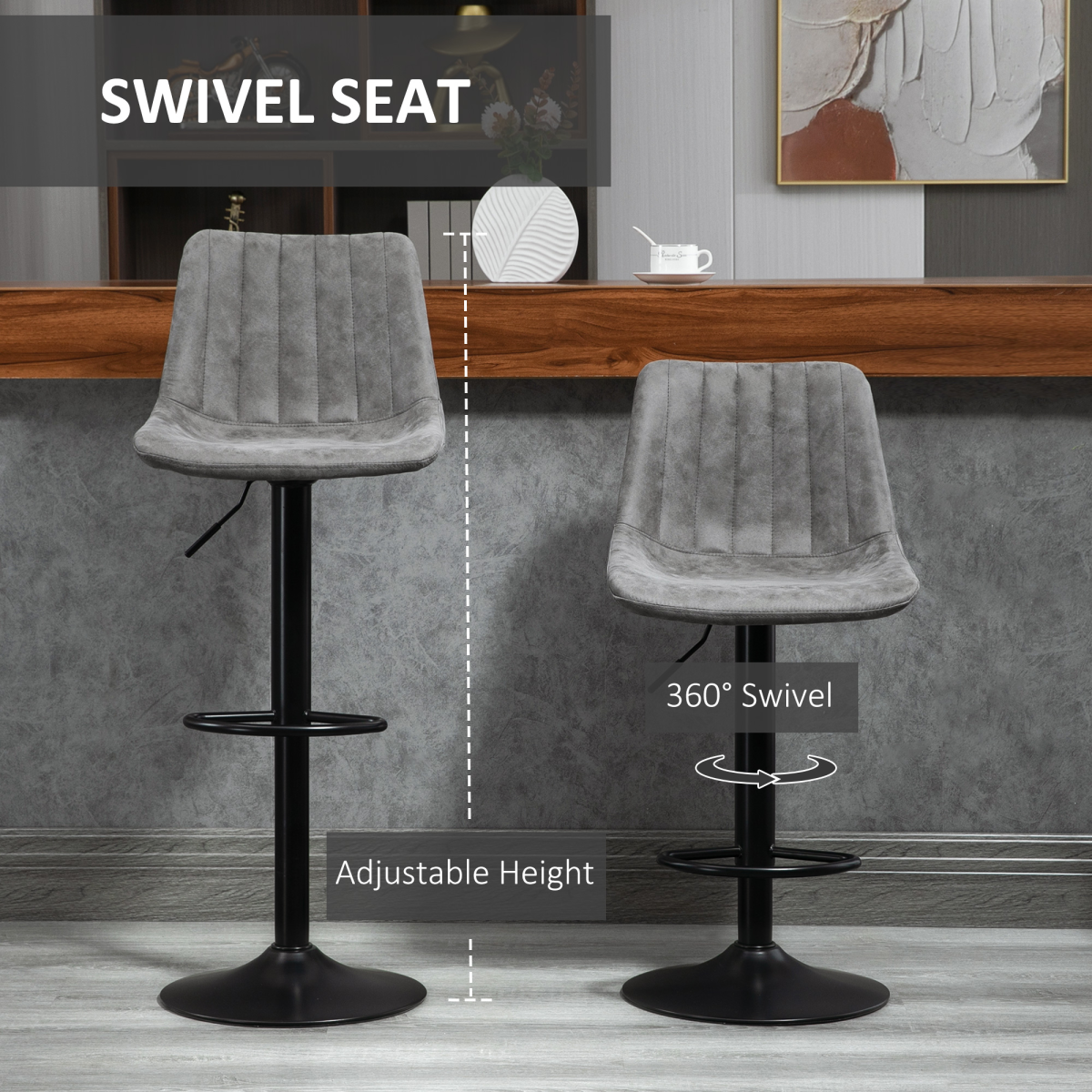 Set Of 2 Microfibre Retro Tub Bar Stools w/ Metal Frame Footrest Home Seat Grey