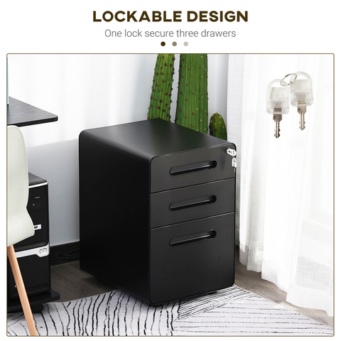 3 Draw Modern Steel Filing Cabinet w/ 4 Wheels Lock Pencil Box Black Vinsetto