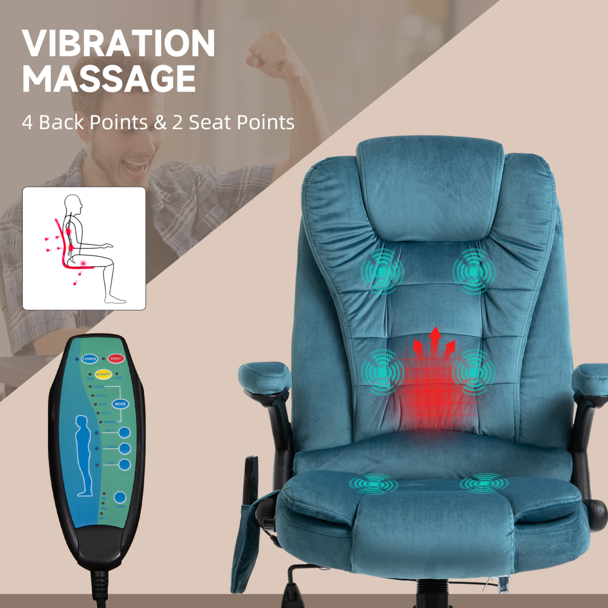 Executive Reclining Chair w/ Heating Massage Points Relaxing Headrest Blue