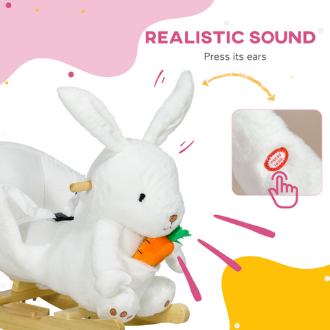 HOMCOM Kids Rabbit-Shaped Rocking Horse with Realistic Sounds Safety Belt  White