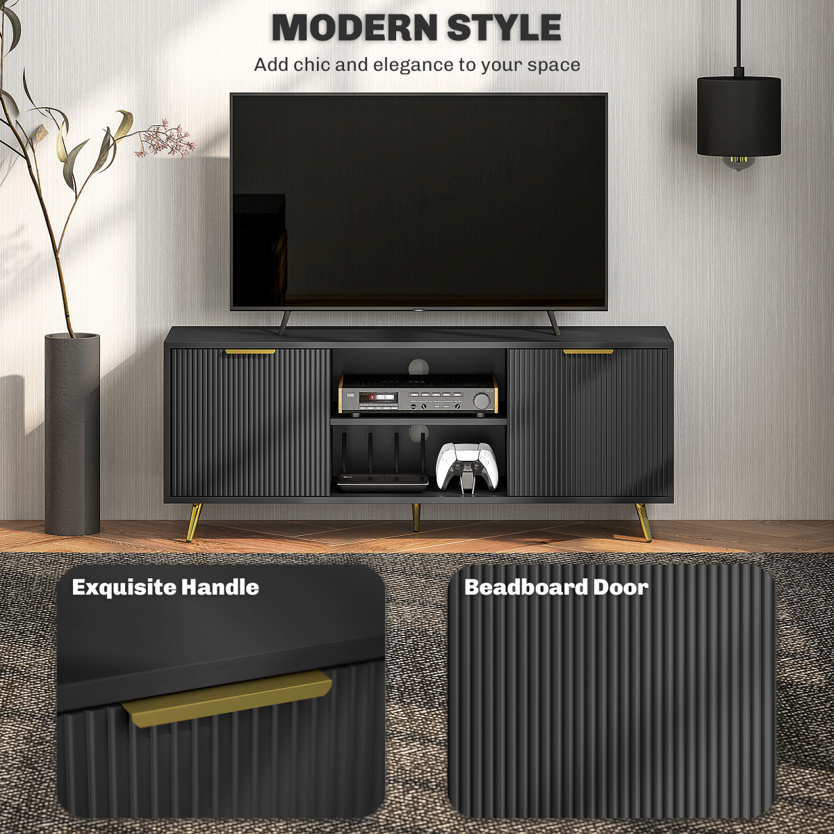 HOMCOM Modern TV Stand Cabinet with Storage for Living Room, Black