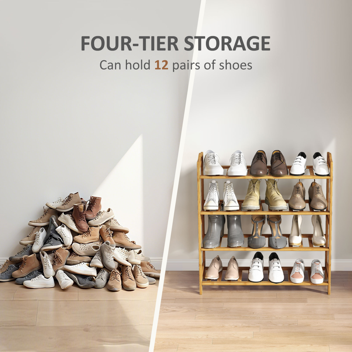 HOMCOM 4-Tier Shoe Rack, Bamboo Shoe Shelf Stand, Natural Wood Finish