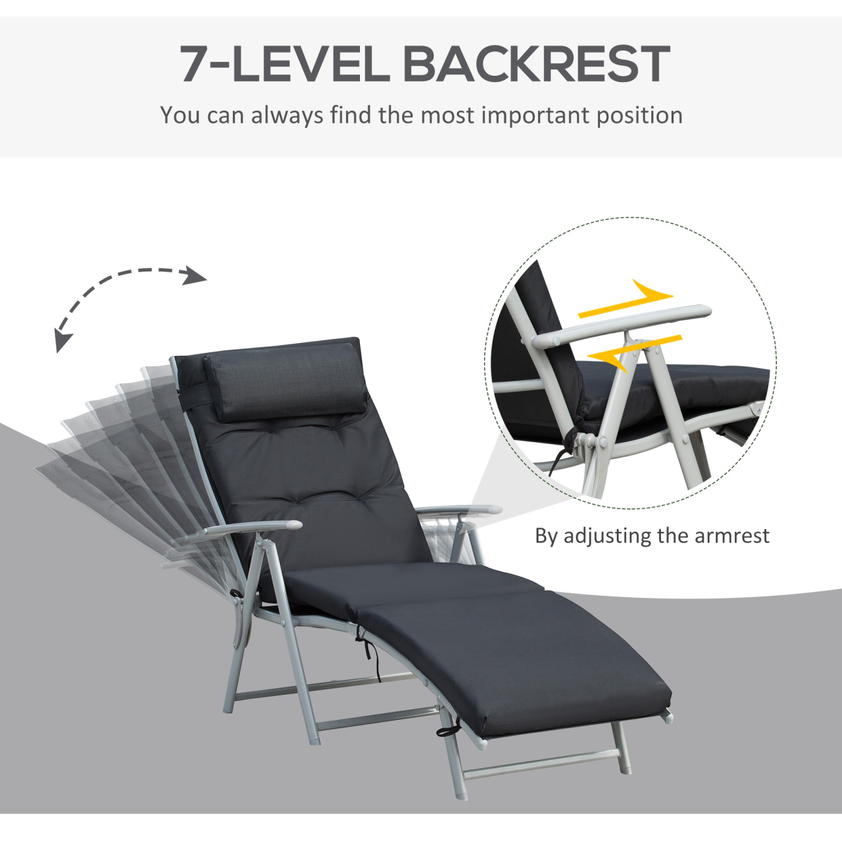 Steel Frame Outdoor Garden Padded Sun Lounger w/ Pillow Black
