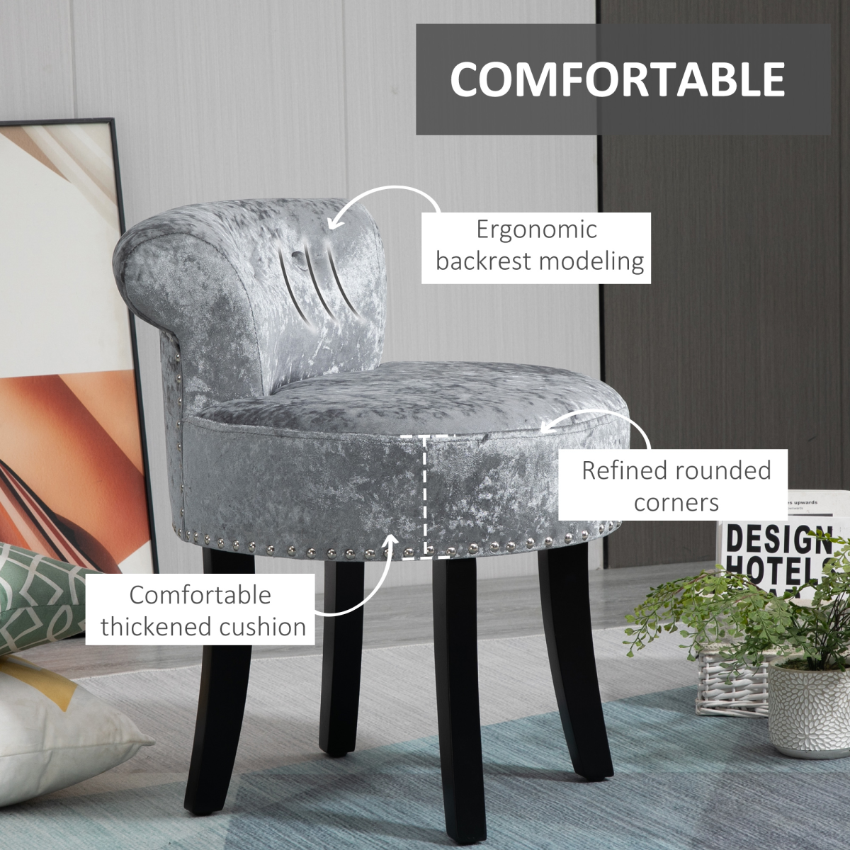 Dressing Table Stool Vanity Seat w/ Rubber Wood Legs Bedroom - Grey