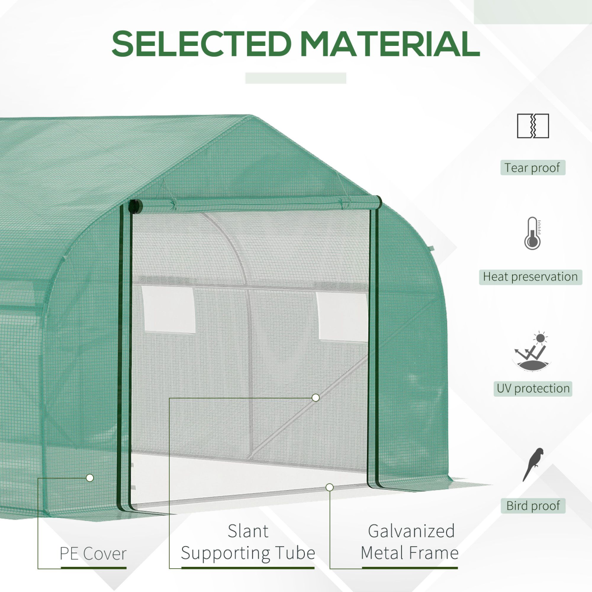 4.47 x 3 x 2m Walk-in Polytunnel Tent,  PE Cover, ZipDoor 6Windows, Green