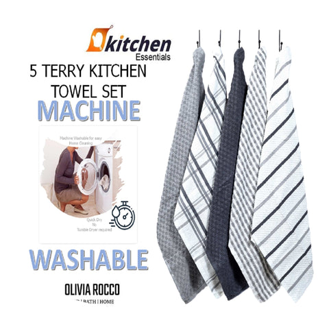 OLIVIA ROCCO 5 Pack Cotton Terry Kitchen Towels 45x65cm Super Absorbent Quick Drying Durable for Home and Professional Use