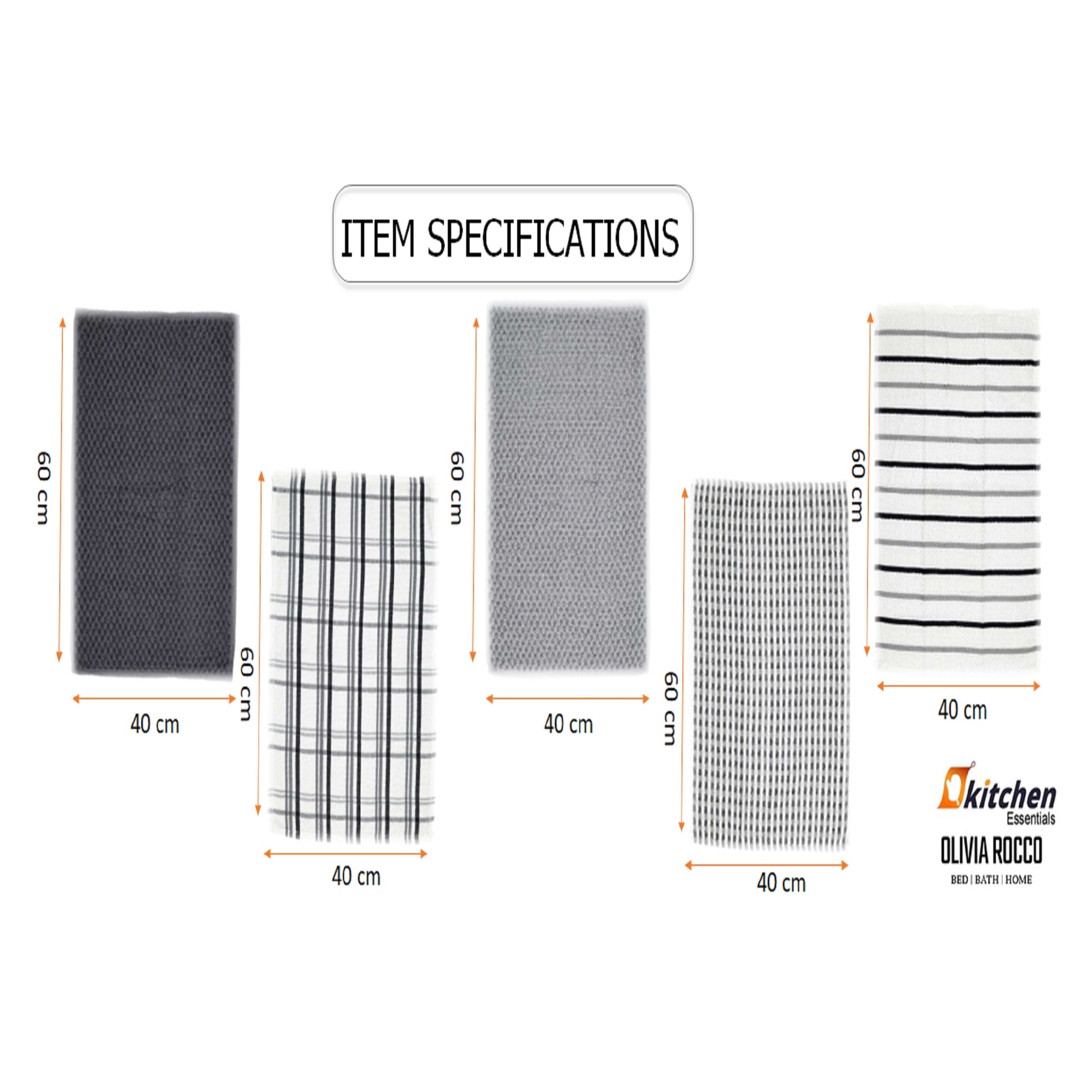 OLIVIA ROCCO 5 Pack Cotton Terry Kitchen Towels 45x65cm Super Absorbent Quick Drying Durable for Home and Professional Use