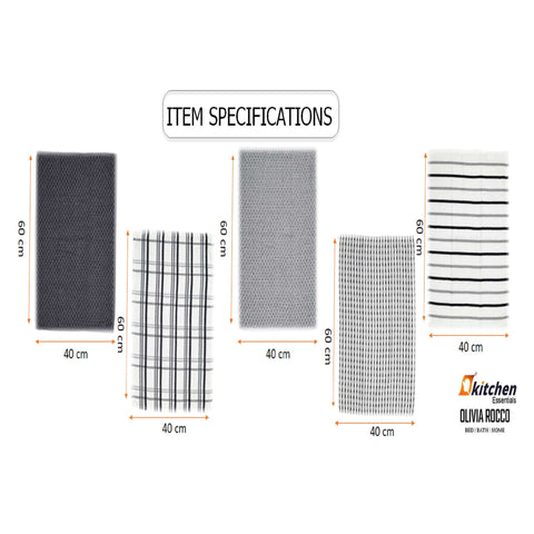 OLIVIA ROCCO 5 Pack Cotton Terry Kitchen Towels 45x65cm Super Absorbent Quick Drying Durable for Home and Professional Use