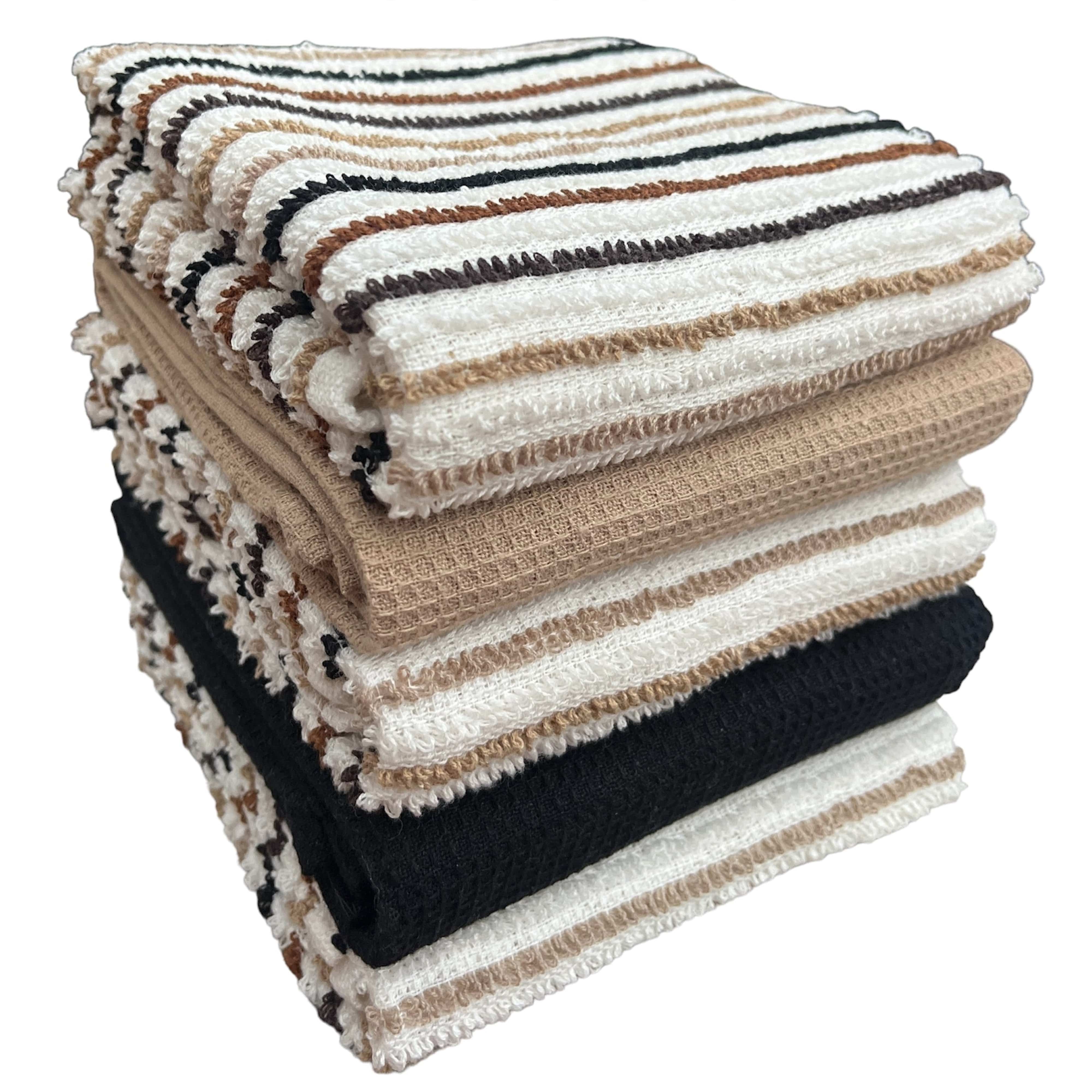 OLIVIA ROCCO 5 Pack Cotton Kitchen Tea Towels Striped Ribbed Waffle 45cm x 65cm Quick Dry Super Absorbent Machine Washable Durable